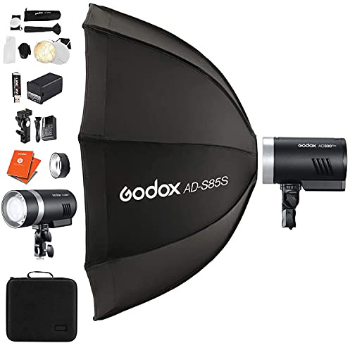 GODOX AD300 Pro Studio Portable Flash Kit with AD-S85S Silver 85cm Softbox, 300Ws Flash with TTL HSS 1/8000th High Speed Bi-Colour Modelling Lamp 3000K 6500K + 12 Month Extended Warranty Card (3 Yrs)