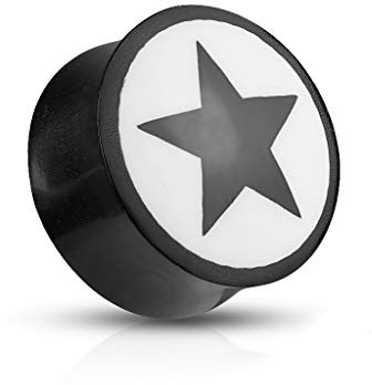 BlackAmazement Flesh Tunnel Plug Piercing Büffelhorn Inlay schwarzer Stern auf weißem Grund Anarchie schwarz weiß Punk Damen Herren