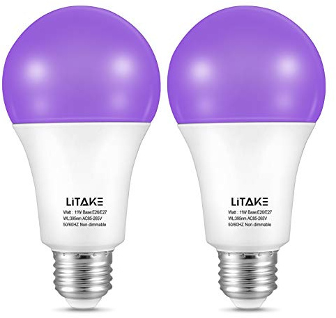 Litake Bombilla UV, 11W E27 Lámpara UV 385-400nm UVA UV Bombilla de luz negra iluminación UV, color neón, utilizada para Halloween, fiestas, discotecas, clubes, bares, body art, 2 piezas