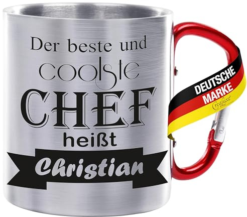 Crealuxe Edelstahltasse mit Karabiner - Der beste und coolste Chef heißt Wunschname - 330ml, Tasse personalisiert, Kaffeetasse, Bürotasse, Metalltasse mit Name