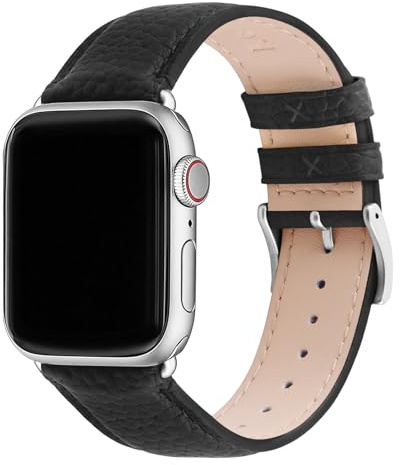 Fullmosa Bracelets en Cuir Véritable Compatible avec Apple Watch 42mm(S11/10)/41mm/40mm/38mm Femme,iWatch Btacelet pour iWatch SE3/2/1 Series 11/10/9/8/7/6/5/4/3/2/1, Noir+Argent Fermoir