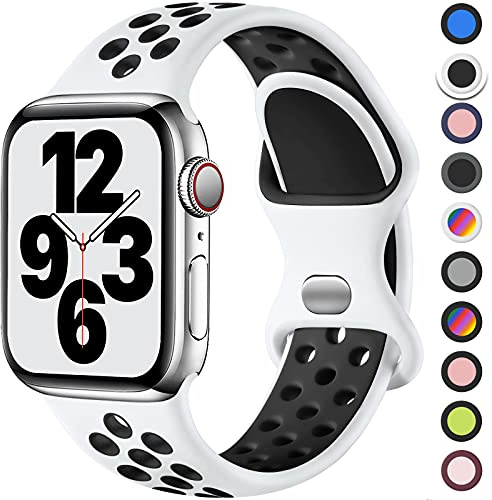 Upeak Sport Bracelet Compatible avec Bracelet Apple Watch 44mm 45mm 46mm 42mm 49mm, Sangle à Boucle Double Trou en Silicone Respirant, pour iWatch Series 10 9 8 7 6 5 4 3 2 1 SE Ultra, L, Blanc/Noir