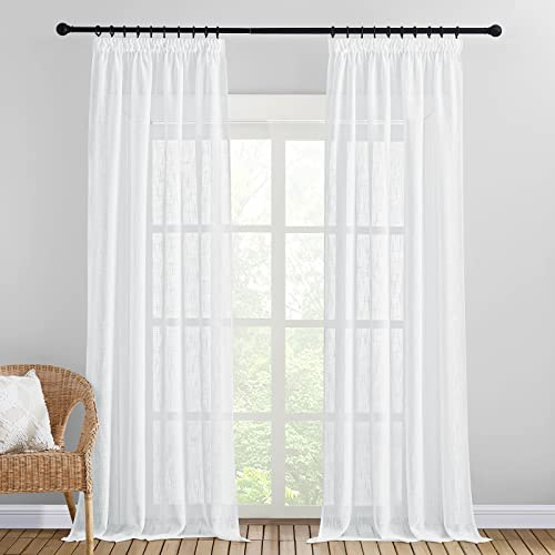 Pony Dance Gardiner för vardagsrum, moderna set om 2 – gardiner, linneutseende, gardin, vita, halvtransparenta gardiner med veckband, balkongdörr, gardiner, skensystem, H 260 x B 140 cm