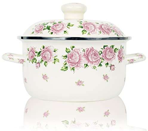 OLYTARU Retro Flower Enamel Stockpot with Lid,Stockpots for Cooking (Rose pink -3QT)