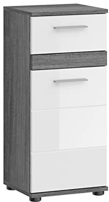 Newroom Kommode Weiß Hochglanz Rauchsilber Badezimmer Unterschrank modern | Schublade plus Tür, Bügelgriff, Badschrank, Standschrank, schmal, für kleine Bäder und Gäste-WC