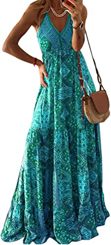 ORANDESIGNE Abito Lungo Spalline da Donna Bohemian Abito con Stampa Floreale Estiva Abito Elegante Senza Maniche Abito Sexy Estate Casual Sexy Vacanze Spiaggia (C Blu, S)