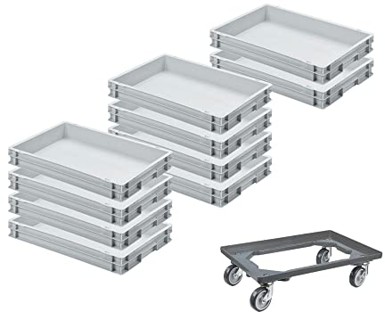 SparSet 10x Eurobehälter mit geschlossenem Griff & 1x Transportroller Grau | HxBxT 7,5x40x60cm | 15 Liter | Eurobox, Transportbox, Transportbehälter, Stapelbehälter