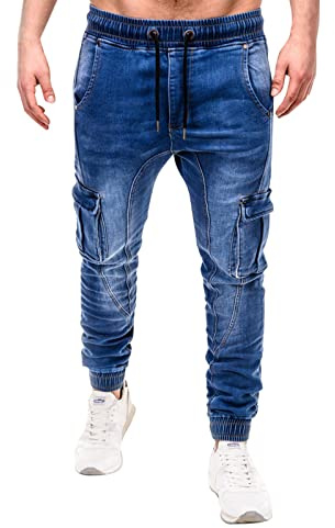 Gefomuofe Pantalones de jogging para hombre con aspecto de jeans, denim de algodón mezcla de algodón, cordón, estilo destruido, elástico, jeans cargo skinny de ajuste slim, cremallera, azul, 3XL