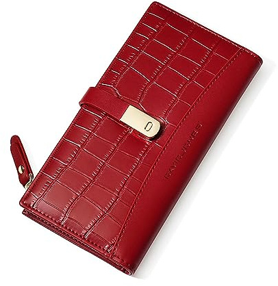 David Jones - Portefeuille Compagnon Grande Capacité Femme - Porte-Monnaie Long Simili Cuir PU - Porte-Cartes Plusieurs Compartiments - Elégant Tendance - Rouge