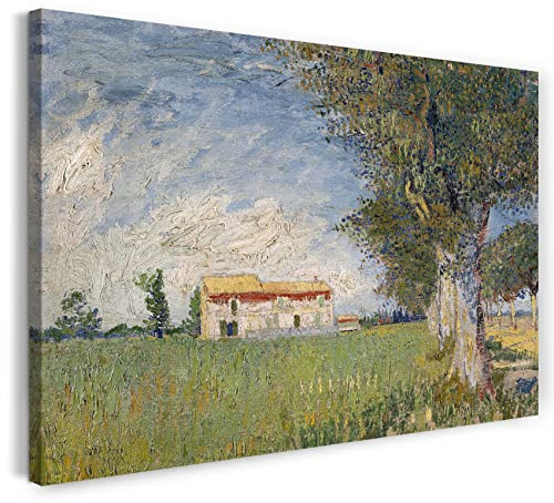 Printed Paintings Leinwandbild (30x20cm) Vincent van Gogh: Bauernhaus im Weizenfeld, Leinwand auf Keilrahmen gespannt und fertig zum Aufhängen, hochwertiger Kunstdruck aus deutscher Produktion