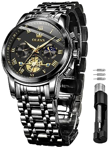 OLEVS Herrenuhren Schwarz Edelstahlarmband Quarz Uhr Männer mit Römischen Zahlen Mondphase Wasserdicht Leuchtende Klassische Elegantes Armbanduhr Geschenk Sale Marken
