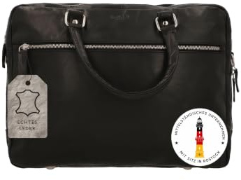 Gusti Laptoptasche Leder - Enrique Pflanzlich gegerbt Aktentasche mit Trolley-Schlaufe Umhängetasche Arbeitstasche Messenger Bag Lehrertasche Businesstasche groß Damen und Herren Vintage Schwarz Leder