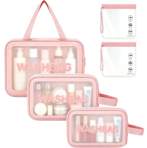 WUBAYI 5Pcs Clear Toiletry Bag, Waterproof PU Makeup Bag with Zipper Handle, Portable Airport Cosmetic Bag for Women & Men, Travel Accessories Wash Bag for Travelling & Holiday (Pink)
