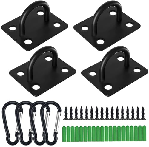 Rierousy 4 Stück Augplatte Edelstahl mit Öse und Edelstahl Karabiner, Ösenplatte Edelstahl, Deckenhaken für Wand-Befestigung, Decken-Befestigung, Wand-Haken