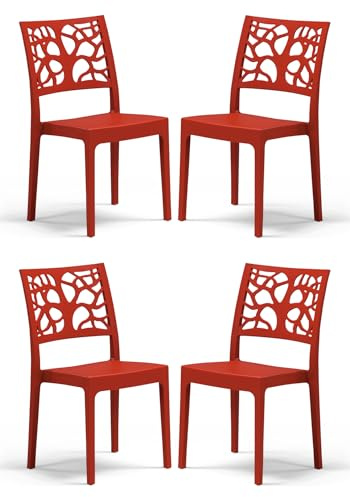 Set 4 sedie in polipropilene TETI, MADE IN ITALY, impilabile, idrorepellente, resistenza raggi UV, design moderno albero della vita per sala da pranzo, cucina, bar, ristoranti, esterno (Rosso, 4)