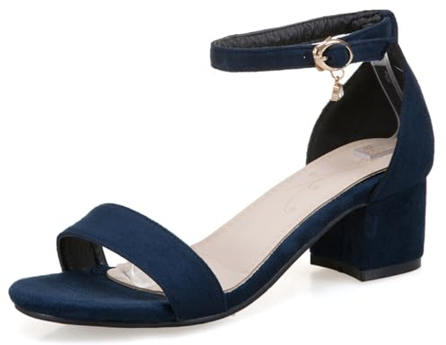 OALEEN Sandales Femme Eté Talon Carré Bride Cheville Nu-pieds Suède Confortable Chaussures Ouverte Soirée Mariage Bleue Marine 39