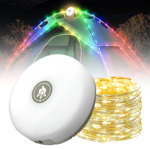 DAJASD Luce della stringa di campeggio ricaricabile 2 in 1 impermeabile portatile all'aperto luci della stringa con 33FT caldo e colorato stringa luci, tenda LED retrattile campeggio luci fata per