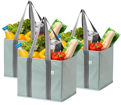 VENO 3 Pack Reusable Grocery Bag, Shopping Cart Bag, Trunk Organizer, Storage Box, Heavy Duty Tote, Hard Bottom, Stands Upright, Collapsible, Water-Resistant, Large Size (Light Green Matte - Set of 3)