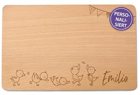 FEENSTAUB Personalisiertes Frühstücksbrettchen Holz, Brettchen personalisiert mit Namen, Holzbrettchen mit Gravur, Holzbrett mit Namen, Frühstücksbrett für Kinder, Brotzeitbrett Enten