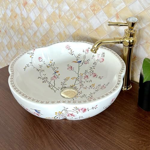1 ganzer Satz Modernes weißes Keramikwaschbecken mit gold Wasserhahn und Ablaufgarnitur, Blumen- und Vogelmuster Waschchalen