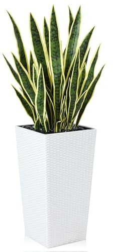 CROSOFMI Sansevieria Künstlich Groß 120 cm Künstliche Pflanzen bogenhanf mit Pflanzentopf aus Kunststoff Kunstpflanzen wie Echt für Balkon Wohnzimmer Outdoor Deko (Weiß)