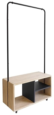 Box and beyond - CASEY klädhängare av metall och trä med hjul - Klädhängare - Skoställ - Modernt skåp med förvaringshyllor - Industriell stil - 72 x 31 x 153 cm