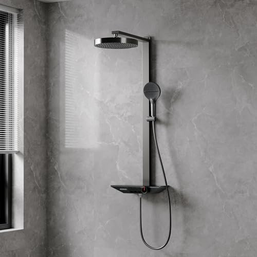 Alphabath Duscharmatur Komplettset Duschsystem mit Thermostat und Eingegossene Glasregale Duschset mit 30 cm Regendusche Duschkopf Regendusche mit Armatur, Grau