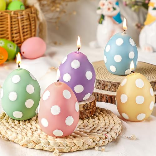 Conelist 5 Pcs Easter Eggs Candle Colorful Burning Spring Egg Shaped Votive Candle Gift Unscented for Easter Party Decorations Table Home Gift Spring Celebration(Polka Dot)