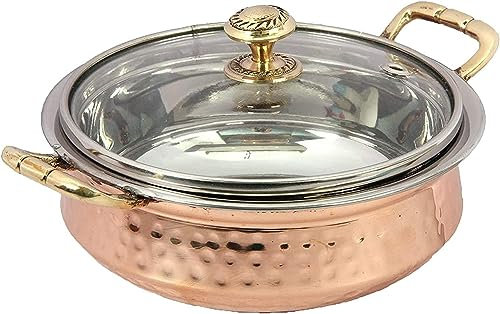 Aakrati Set of Indian hammered copper stainless steel serving bowl for food soup with handle and glass lid decorative seveware (6 inch dia, 2, Count)