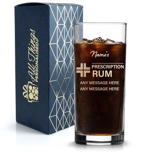 Personalised Rum Glass 340ml - Engraved Prescription Rum Design with Custom Name & Message - Highball Tumbler Gift for Him, Dad or Friends for Birthday, Christmas - Dishwasher-Safe, Gift Box Included
