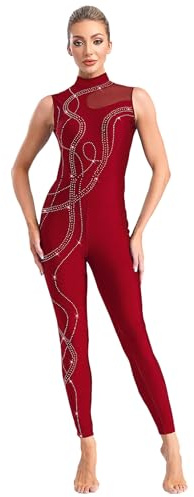 FEESHOW Damen Ganzkörper Turnanzug Glitzer Gymnastik Tanz Trikot Ärmelloser Overall Einteiler Yoga Eislaufen Ballett Tanzkostüm Ganzkörperanzug