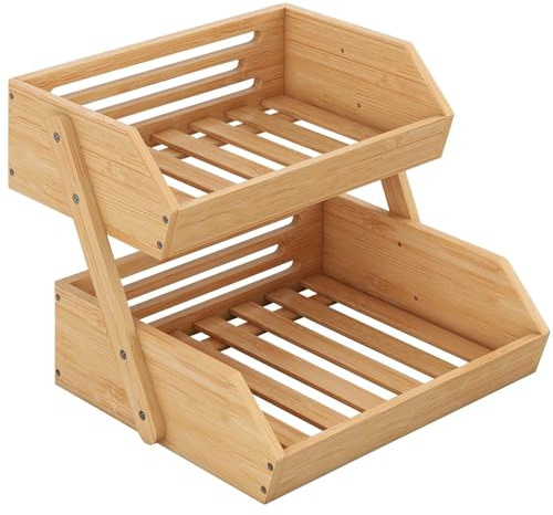 CROWNSHOP 2-Tier Bamboo Fruits Basket Fruits Bowl Holder Bread Basket Vegetable Fruits Holder Organiser for Kitchen Home Decorative Storage