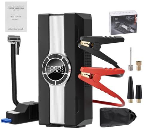 Auto Starthilfe mit 150PSI Luftkompressor, Autobatterie Booster Starthilfe, 12V Tragbarer Batterie-Booster für alle Gas/10L Diesel, Powerbank mit LCD-Display, Notfall-Taschenlampe