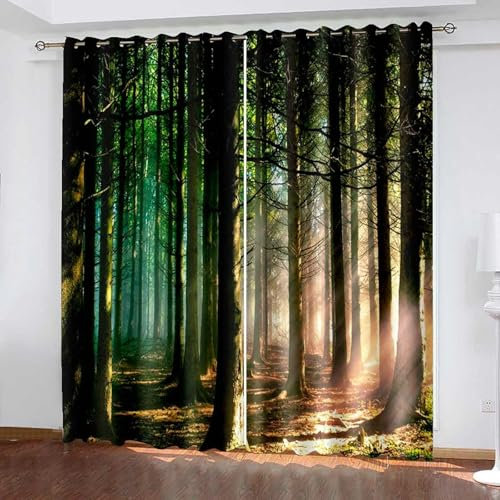 Bishilin Gardinen Blickdicht mit Ösen 2er Set 96x229CM, Vorhänge mit Design Natur Wald Bäume Verdunklungsvorhänge Jugendzimmer Kinderzimmer