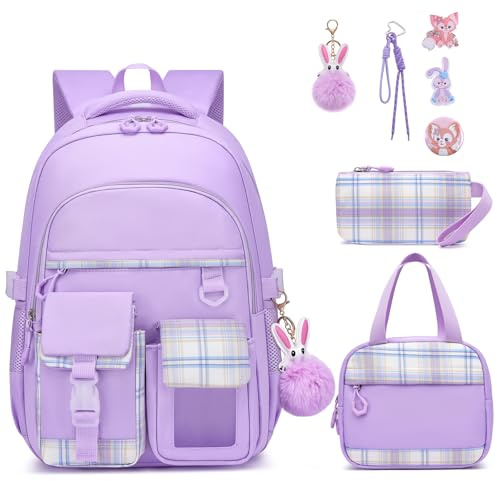 KEBEIXUAN Mochila Escolar Niñas - Set de 3 Piezas para Niñas de Primaria 6 a 12 Años | Mochila Colegio Kawaii con Colgante, Morado