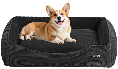 HMTOPE Hundebett Mittelgroße Hunde aus Cord, Waschbar, 90x75cm, Dunkelgrau | Hundesofa mit erhöhte Ränder, Weich Atmungsaktiv Hundekorb, Rutschfest und Abnehmbar