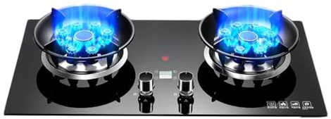 Portable Gas Stove,9-Cavities Cooktop 2 Burners,5.2kw Stainless Steel Glass Top Wok Burners,with Flameout Protection and Timer,for Home Kitchen(NG)