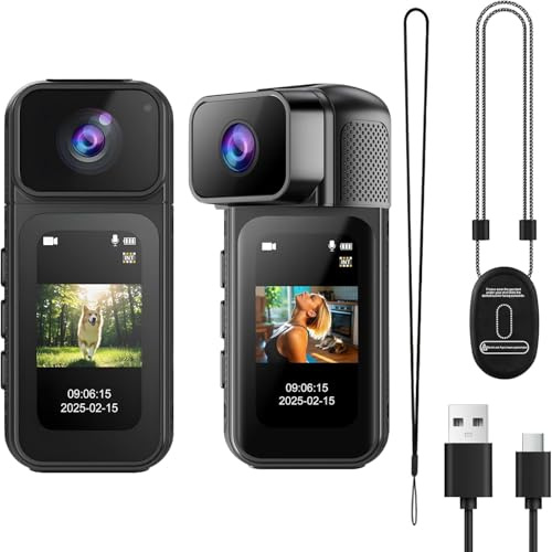 HUAJUN Mini Portable Action Camera, 1080P 180° Rotate Lens, Loop Recording Sports Cam with Magnetic Necklace, Thumb Size Vlogging Recorder, WIFI Transmission, Wearable for Traveling, Cycling