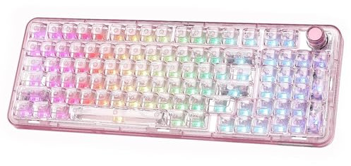 YUNZII X98 QMK/VIA Kabellose Mechanische Tastatur(Pink,Crystal Switch) | BT5.0/USB-C/2,4 GHz,1800 Layout mit Nummernblock,Transparent Tastatur, Vorgeschmierte Schalter, RGB für Wins/Mac/Gaming