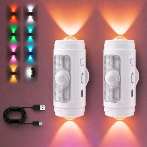 URAQT 2Pcs Aplique Pared Interior, Lámpara de Pared Detección Inteligente con Sensor de Movimiento, RGB Luz Nocturna, Lámpara De Pared Magnética Recargable Luz Regulable para Pasillo y Dormitorio
