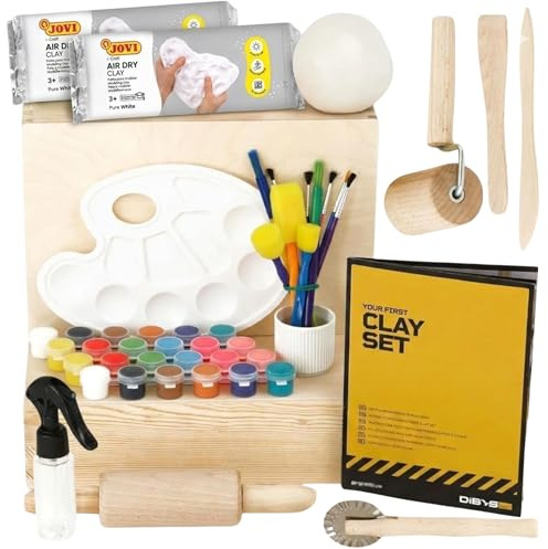 DIBYS Kit de cerámica DIY con arcilla autoendurecible 2 x 500 g blanca – Juego completo de modelado con herramientas, colores acrílicos, pinceles y caja de madera – arcilla moldeable sin horno para