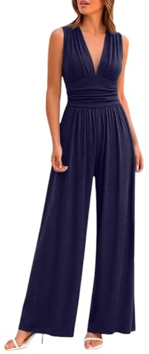 Leaomuny Tuta Elegante Donna Cerimonia Curvy,Jumpsuit Lunga Intera Senza Maniche Scollo a V Casual,Salopette Estiva Pantaloni Larghi Slim Fit,Monopezzi Tutina Festa Da Sera,Overalls Cocktail Jumpsuits