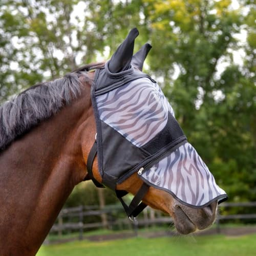 Horze Pferde Fliegenmaske Zebra, Fliegenhaube mit abnehmbarem Nüsternschutz, UV Schutz, Schwarz, XS