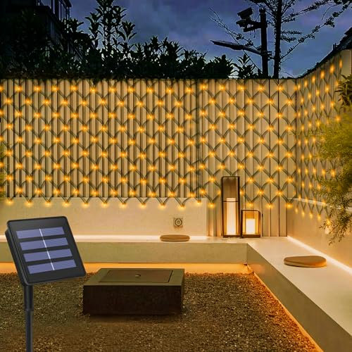 CCILAND 3m x 2m Solar Net Lights Outdoor, 200 LED Solar Powered Net Lights Green Wire Auto On/Off Waterproof Mesh Light String for Garden Patio Fence Party Wedding Decor - Warm White