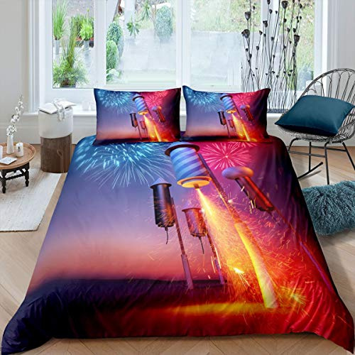 Tbrand Feuerwerk Bettbezug Set Fantasy Bettwäsche Set 135x200cm für Kinder Jungen Mädchen Romantisches Thema Betten Set Lebendiges Glitzern Blau Rot Design 2St