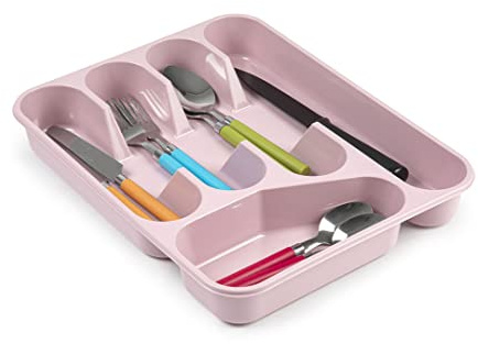 plastific Cutlery Tray Organizer, Plastic Cutlery Holder for Kitchen Drawer, Utensil Storage Tray for Forks, Spoons & Knives, (Solid Base Pink, 33.5 x 26.5 x 4.5 cm)