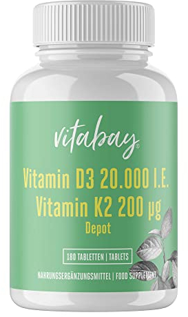 Vitabay Vitamin D3 K2 Hochdosiert 20000 IE Depot - 180 Vegane & Laborgeprüfte Vitamin D Tabletten ohne Zusätze - Trägt zur Unterstützung des Immunsystems und zur Erhaltung normaler Knochen bei