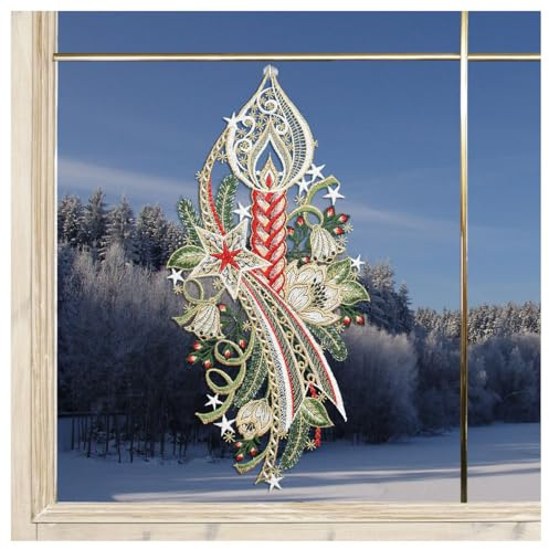 DSD Design-Studio Drechsler Advents-Fensterbild Kerze mit Stern rot Fenster-Dekoration Weihnachten aus Plauener Spitze mit Blumen 38x19 cm
