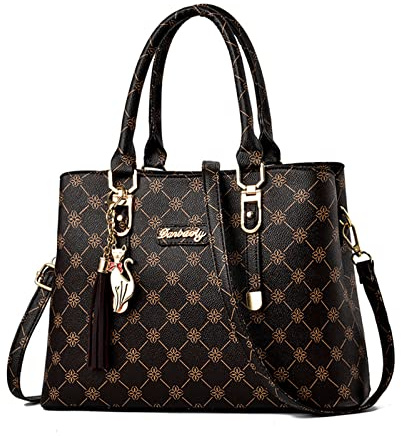 NICOLE & DORIS Damen Handtasche Elegante Schultertaschen Bedruckte Handtaschen PU Leder Frauen Umhängetasche Shopper Tote Mittelgross Tasche Henkeltasche mit Anhänger Kaffee