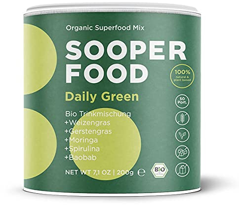 SOOPER FOOD Daily Green | Veganes Bio Superfood Pulver mit Weizengras, Gerstengras, Moringa & Spirulina| Mit Vitamin B12 | 200 g | 40 Portionen | ohne Zusatzstoffe
